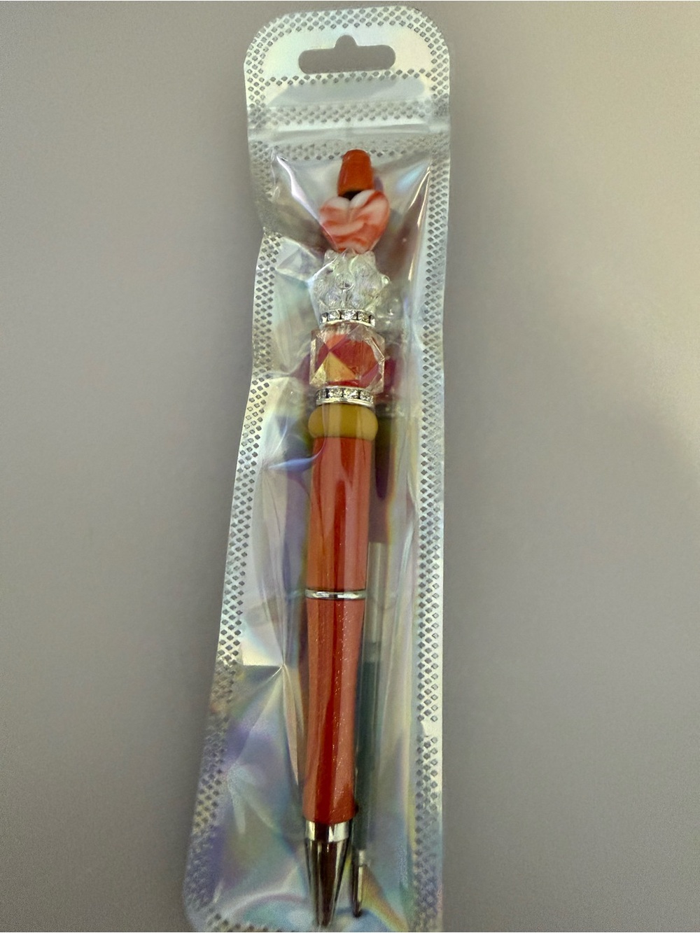 Orange Beaded Decorative Pen with heart bead